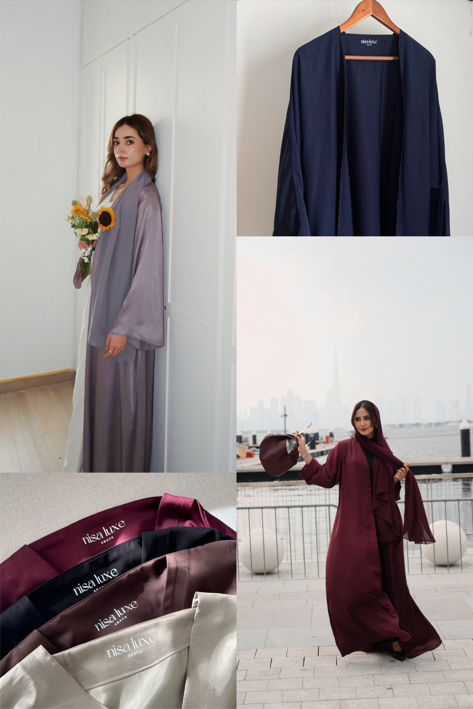 Collage of a woman wearing a long dark blue coat, a woman in a burgundy abaya, and a close-up of a branded garment.